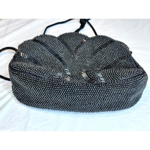 Vintage Beaded Black Evening Purse Crossbody Zip Closure Shoulder Strap Scallop - Picture 4 of 9